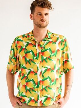 Mixed By Nasrin Mighty Mango Print Unisex Button Down Short Sleeve Shirt